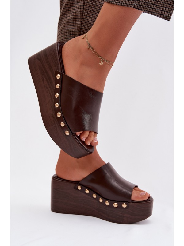 Women's Platform and Wedge Sandals With Gold Studs Chocolate Farinelle