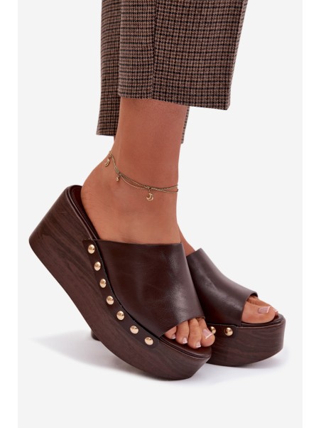 Women's Platform and Wedge Sandals With Gold Studs Chocolate Farinelle