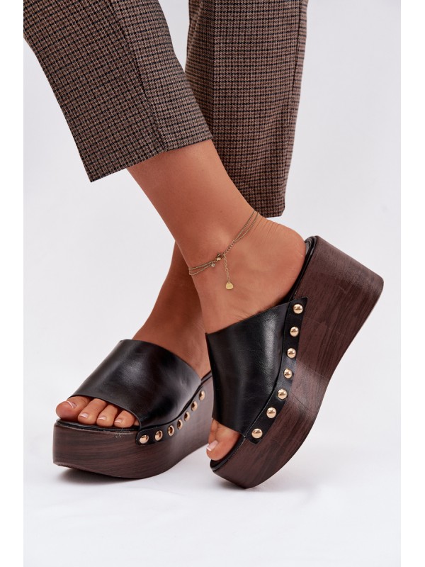 Women's Platform Wedges with Gold Buckles Black Farinelle