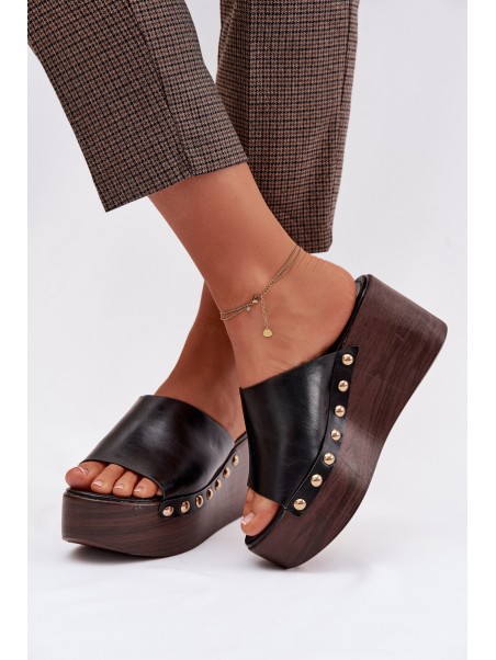 Women's Platform Wedges with Gold Buckles Black Farinelle