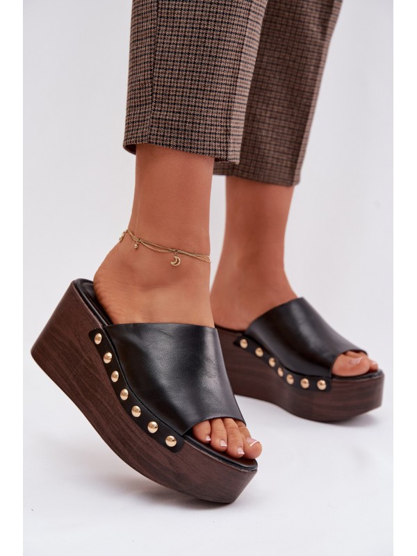 Women's Platform Wedges with Gold Buckles Black Farinelle