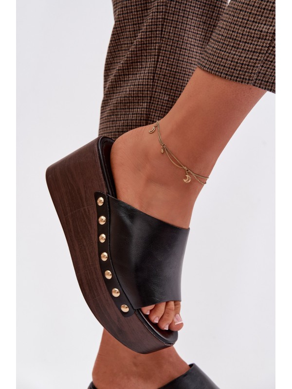 Women's Platform Wedges with Gold Buckles Black Farinelle