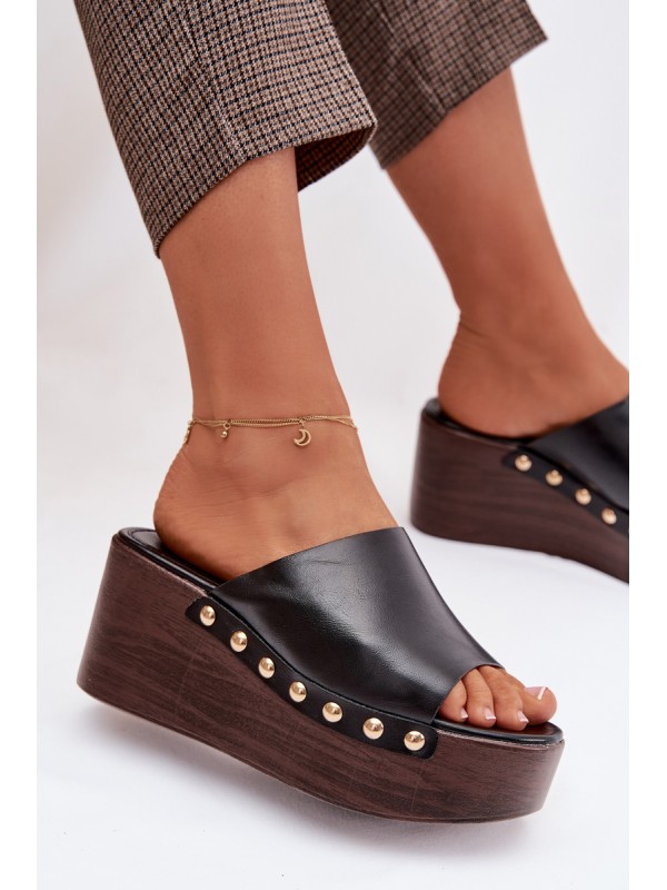 Women's Platform Wedges with Gold Buckles Black Farinelle