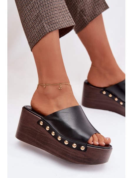 Women's Platform Wedges with Gold Buckles Black Farinelle