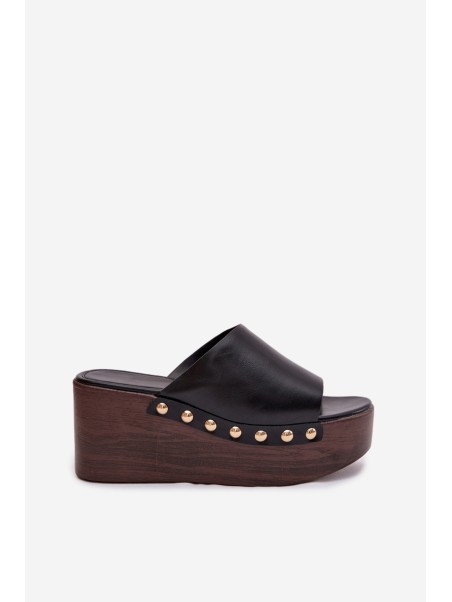 Women's Platform Wedges with Gold Buckles Black Farinelle