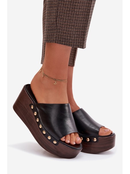Women's Platform Wedges with Gold Buckles Black Farinelle