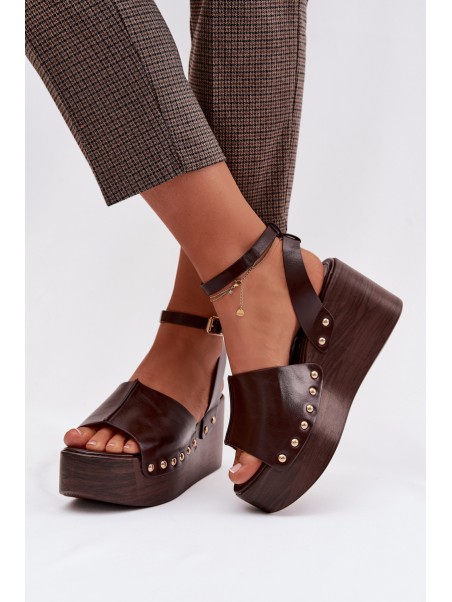 Women's Platform Sandals With Gold Buckles Chocolate Galorina