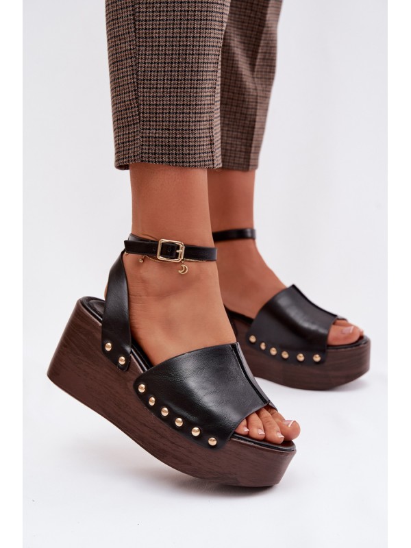 Women's Platform Sandals With Gold Buckles Black Galorina