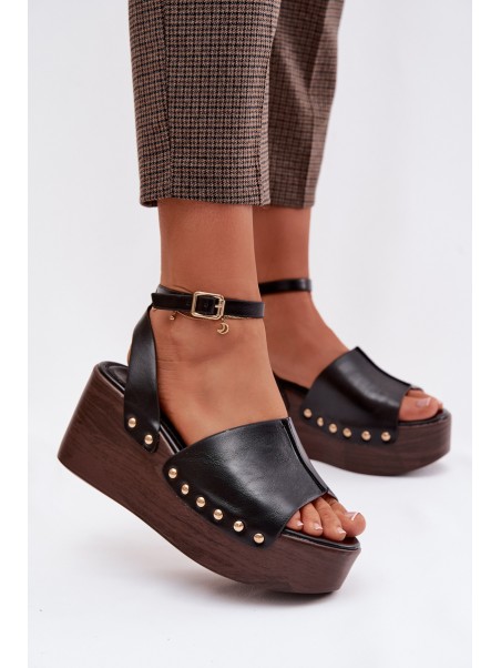 Women's Platform Sandals With Gold Buckles Black Galorina