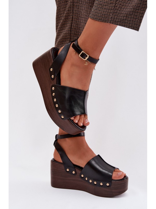 Women's Platform Sandals With Gold Buckles Black Galorina 2