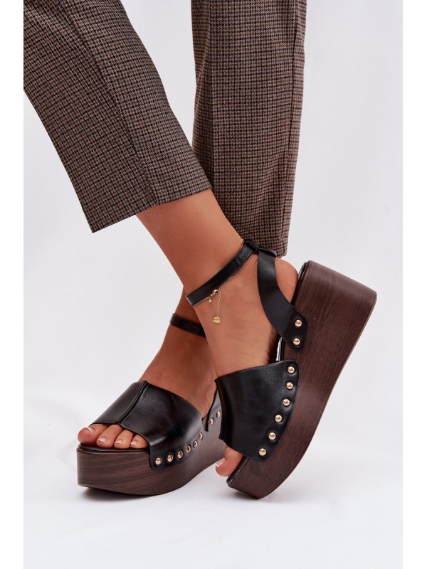 Women's Platform Sandals With Gold Buckles Black Galorina
