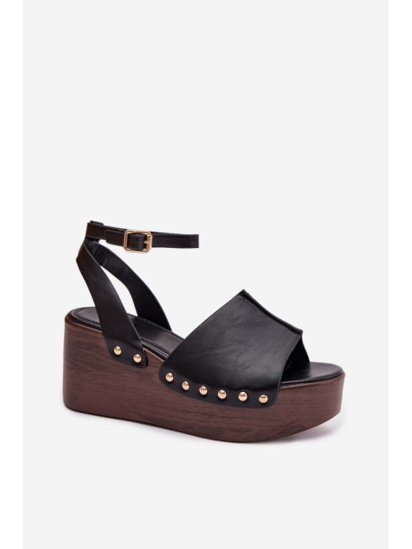 Women's Platform Sandals With Gold Buckles Black Galorina
