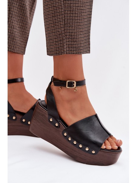 Women's Platform Sandals With Gold Buckles Black Galorina