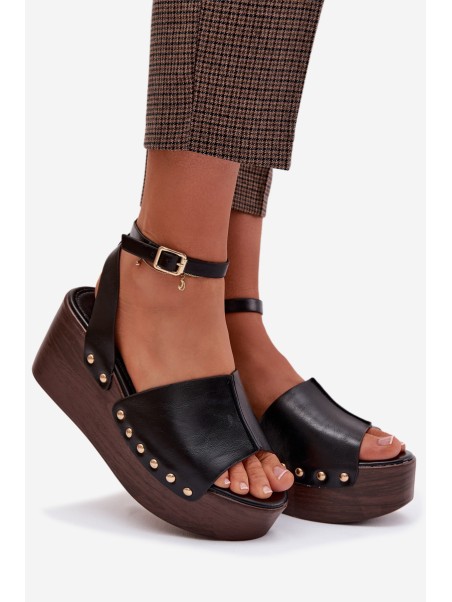 Women's Platform Sandals With Gold Buckles Black Galorina