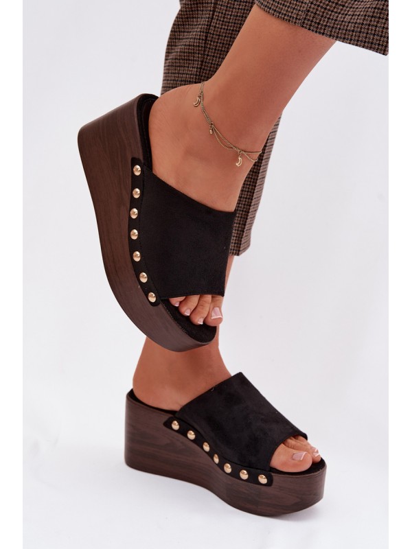 Women's Platform Sandals With Gold Buckles Eco Suede Black Helivina