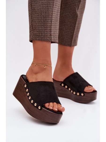 Women's Platform Sandals With Gold Buckles Eco Suede Black Helivina