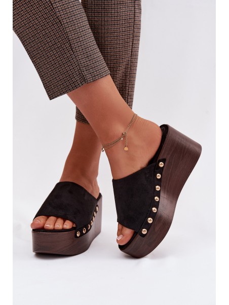 Women's Platform Sandals With Gold Buckles Eco Suede Black Helivina