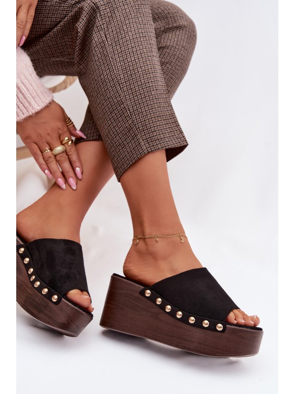Women's Platform Sandals With Gold Buckles Eco Suede Black Helivina