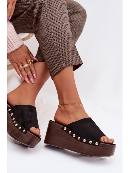 Women's Platform Sandals With Gold Buckles Eco Suede Black Helivina