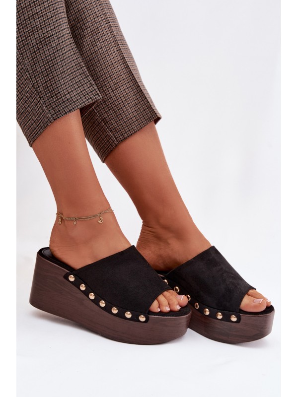 Women's Platform Sandals With Gold Buckles Eco Suede Black Helivina