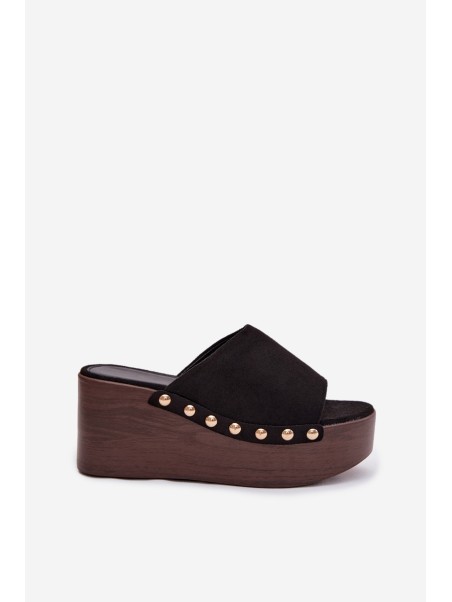 Women's Platform Sandals With Gold Buckles Eco Suede Black Helivina