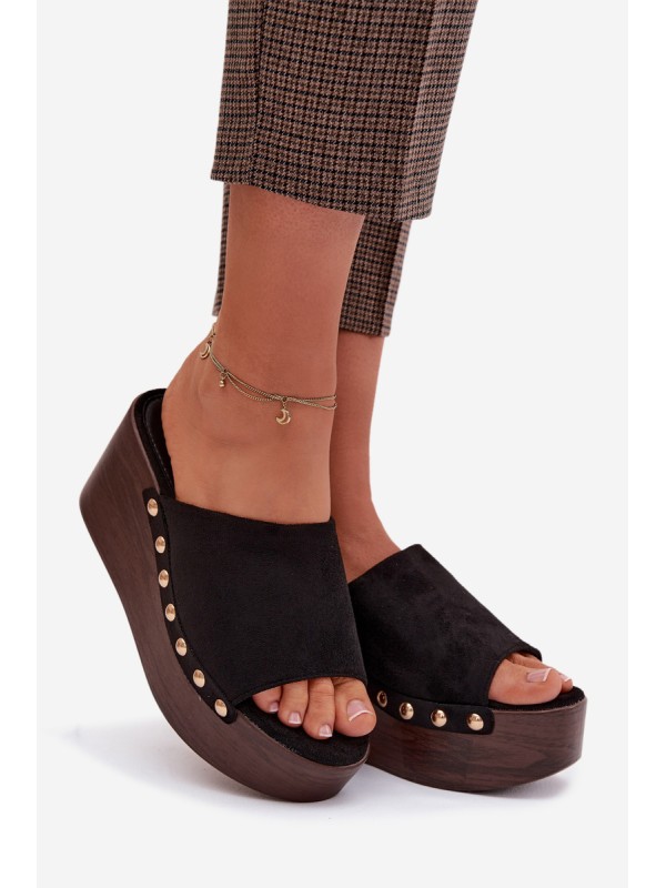 Women's Platform Sandals With Gold Buckles Eco Suede Black Helivina