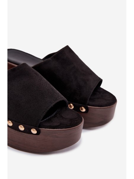 Women's Platform Sandals With Gold Buckles Eco Suede Black Helivina