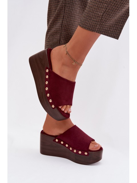 Women's Platform Slides With Gold Buckles Eco Suede Bordeaux Helivina