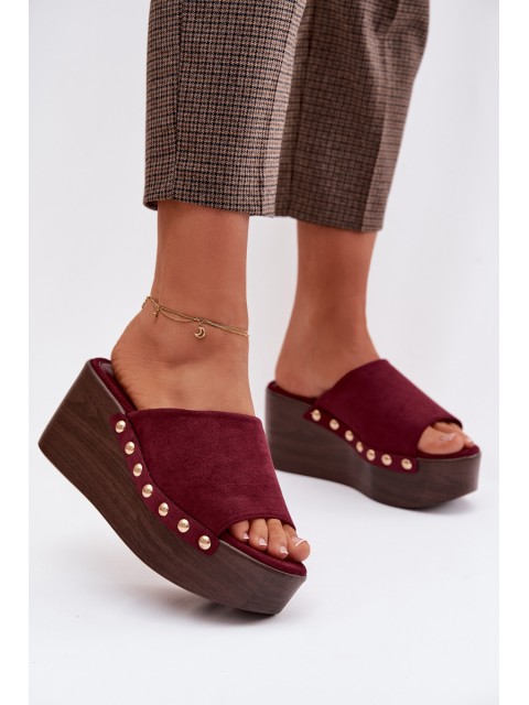 Women's Platform Slides With Gold Buckles Eco Suede Bordeaux Helivina 2