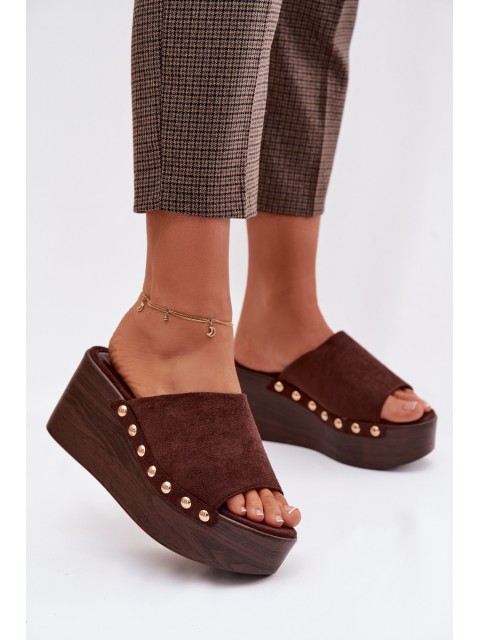 Women's Platform Sandals With Gold Buckles Eco Suede Brown Helivina