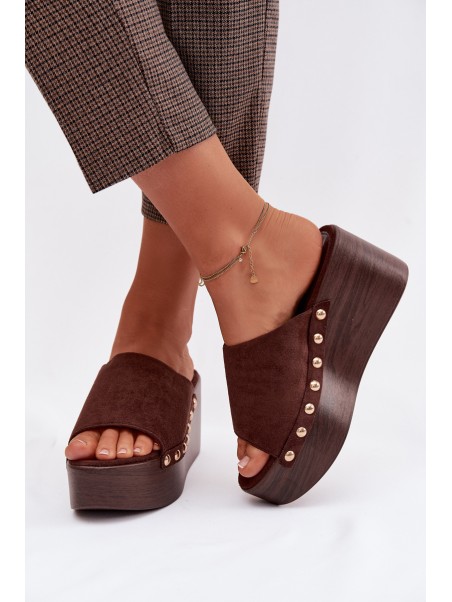 Women's Platform Sandals With Gold Buckles Eco Suede Brown Helivina