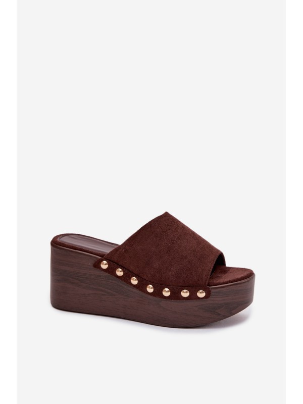 Women's Platform Sandals With Gold Buckles Eco Suede Brown Helivina