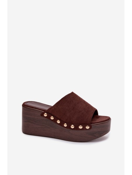 Women's Platform Sandals With Gold Buckles Eco Suede Brown Helivina