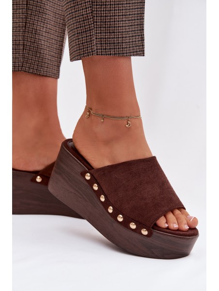 Women's Platform Sandals With Gold Buckles Eco Suede Brown Helivina