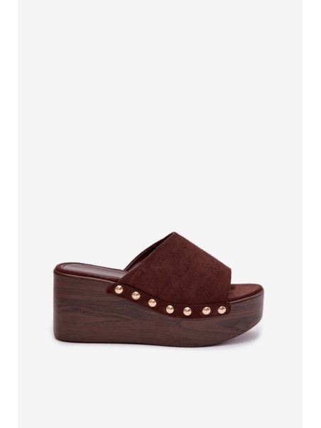 Women's Platform Sandals With Gold Buckles Eco Suede Brown Helivina