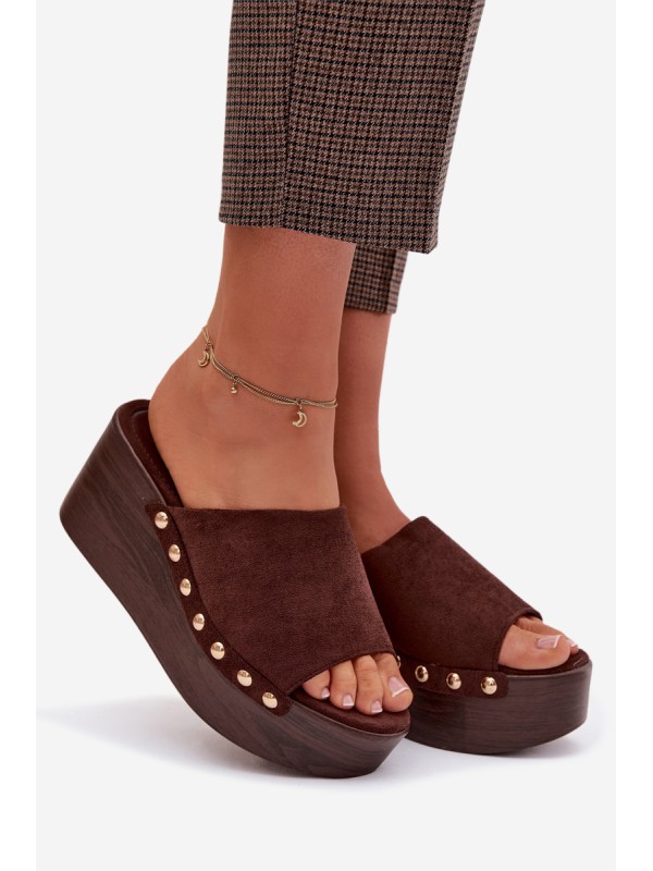 Women's Platform Sandals With Gold Buckles Eco Suede Brown Helivina