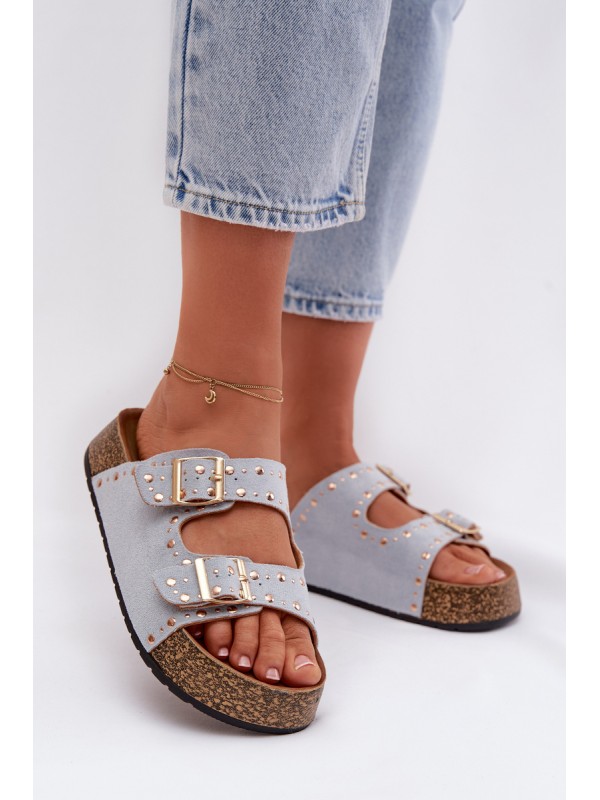 Women's Blue Flat Sandals With Gold Clips And Buckles Tervina
