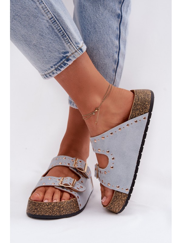 Women's Blue Flat Sandals With Gold Clips And Buckles Tervina