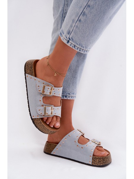Women's Blue Flat Sandals With Gold Clips And Buckles Tervina