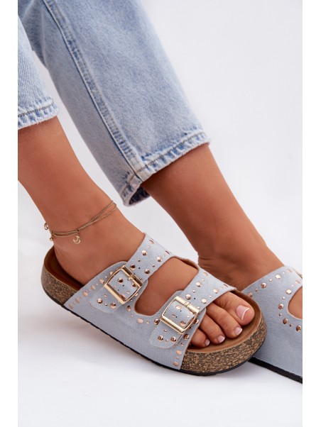 Women's Blue Flat Sandals With Gold Clips And Buckles Tervina