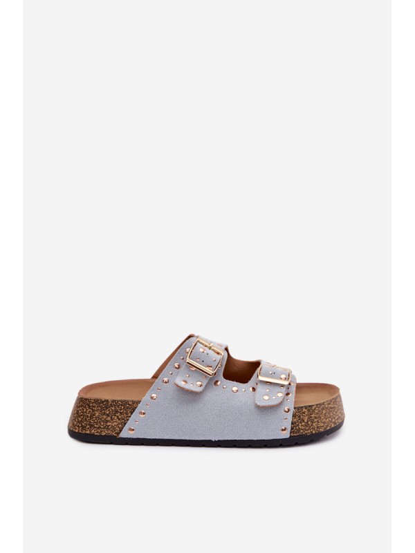 Women's Blue Flat Sandals With Gold Clips And Buckles Tervina