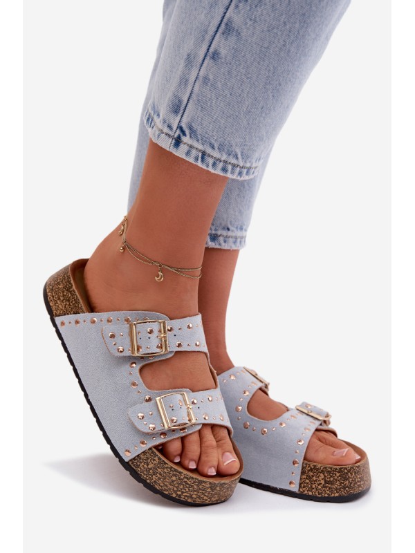 Women's Blue Flat Sandals With Gold Clips And Buckles Tervina