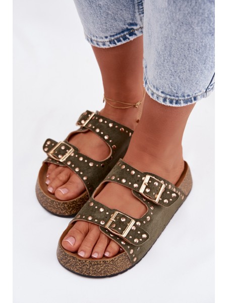 Women's Flat Dark Green Tervina Slippers With Gold Clips and Rivets