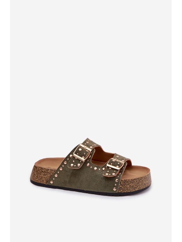 Women's Flat Dark Green Tervina Slippers With Gold Clips and Rivets