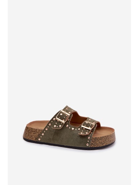 Women's Flat Dark Green Tervina Slippers With Gold Clips and Rivets