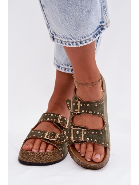 Women's Flat Dark Green Tervina Slippers With Gold Clips and Rivets