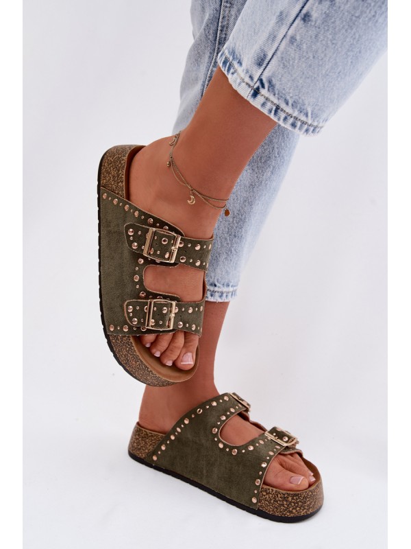 Women's Flat Dark Green Tervina Slippers With Gold Clips and Rivets