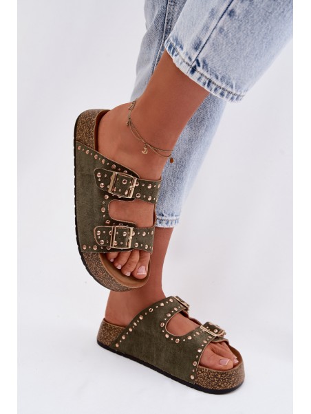 Women's Flat Dark Green Tervina Slippers With Gold Clips and Rivets