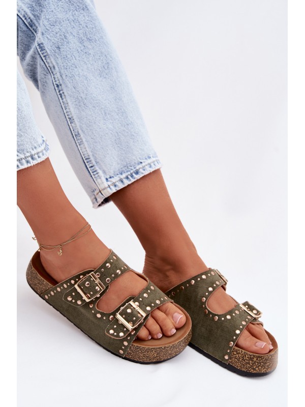 Women's Flat Dark Green Tervina Slippers With Gold Clips and Rivets