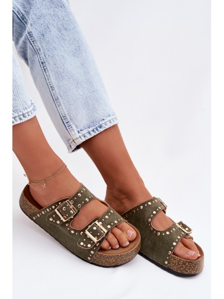Women's Flat Dark Green Tervina Slippers With Gold Clips and Rivets